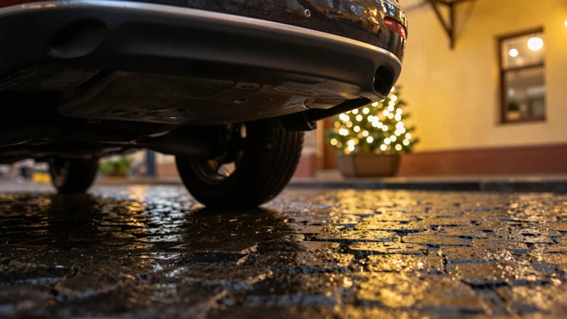 Coche y calles mojadas bajo luces festivas
