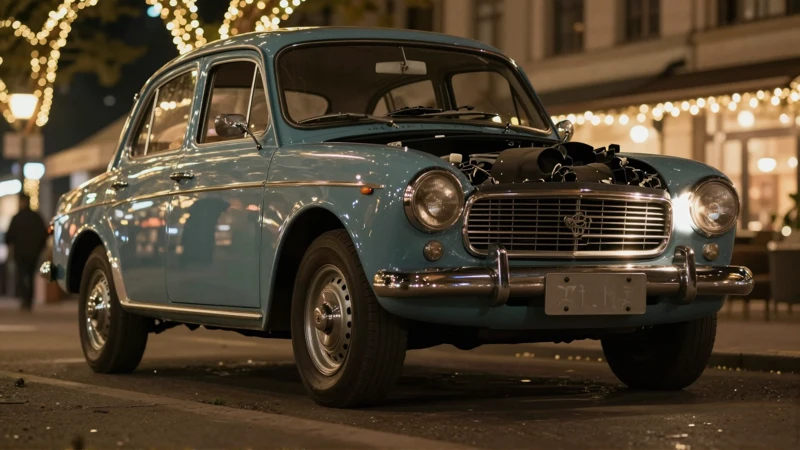 Clásico coche inspeccionado con luces festivas