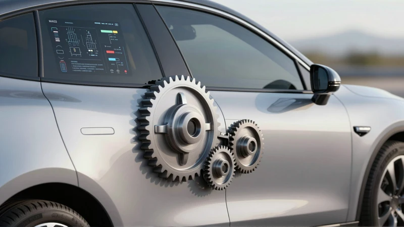 Coche moderno y diagramas técnicos en plano medio