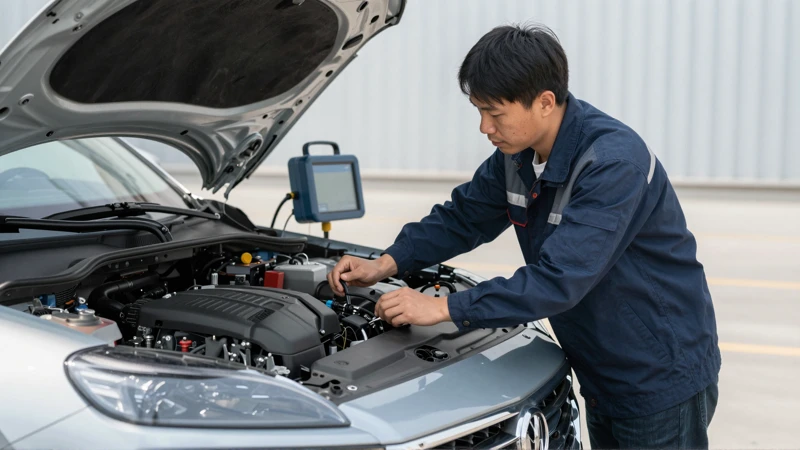 Mecánico inspecciona motor de coche moderno en exteriores