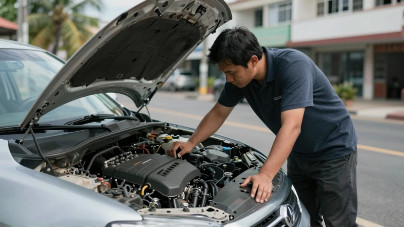 Mecánico revisa motor en calle tropical