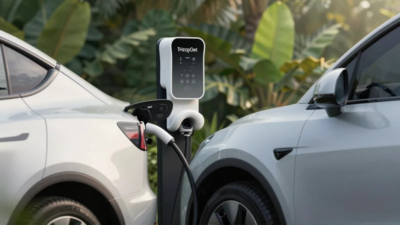 Coche eléctrico moderno en entorno tropical