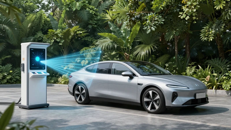 Coche moderno y escaneo resaltan naturaleza futurista