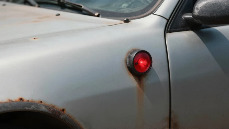 Coche oxidado con luces y detalles bajo luz dura