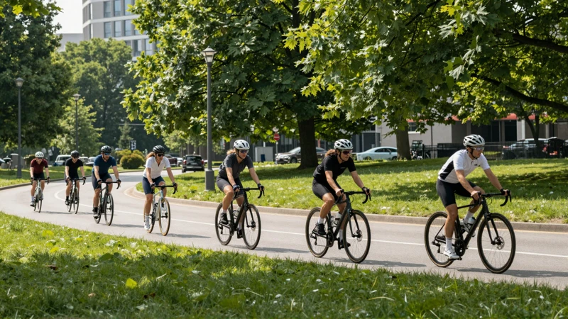 Ciclistas en parque urbano bajo luz soleada