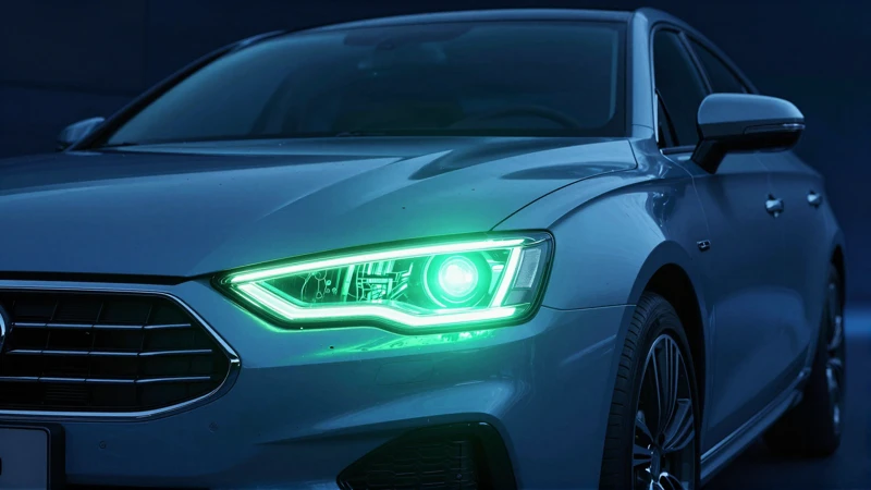 Sedán moderno con sensores luminosos bajo luces neón