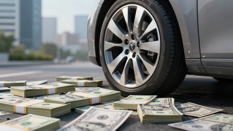 Ruedas de coche, dinero y ciudad en foco