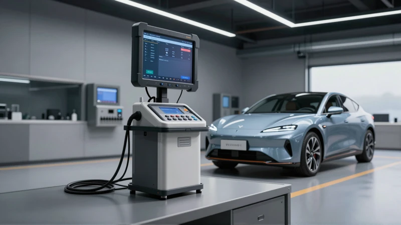 Auto moderno y equipos de diagnóstico en taller