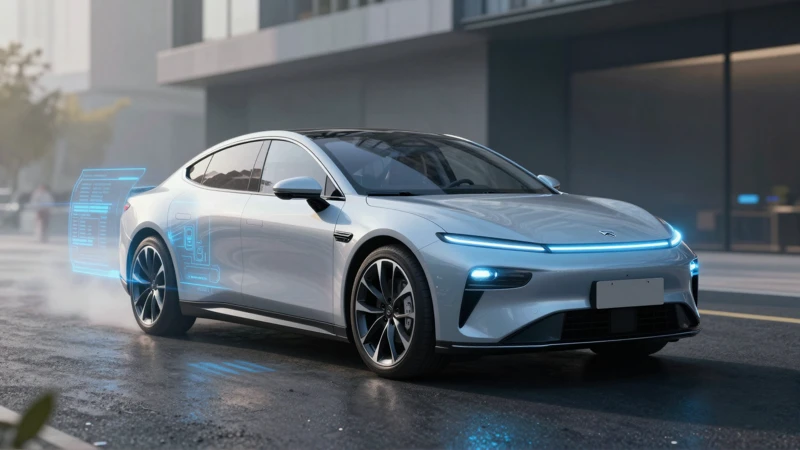Sedán eléctrico futurista sobre asfalto crepuscular y neblina