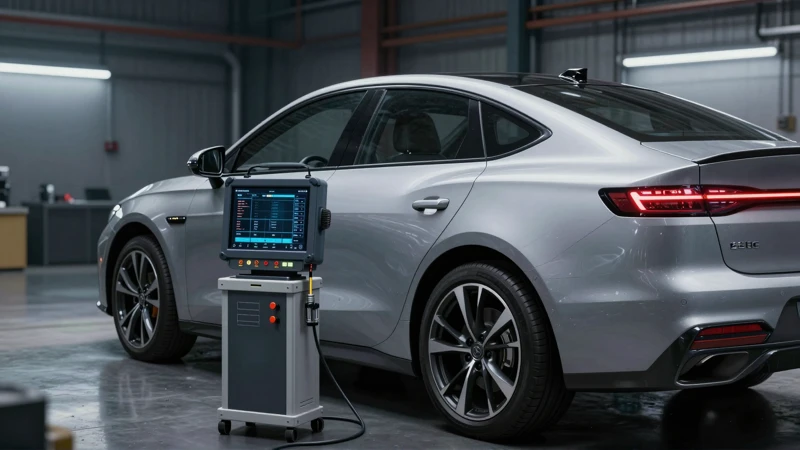 Sedán moderno con diagnóstico técnico en garage industrial