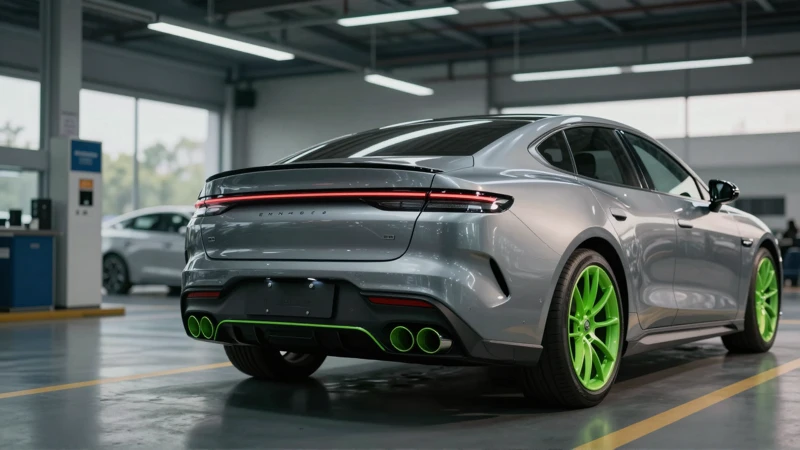 Sedán moderno con escape verde en iluminación dramática