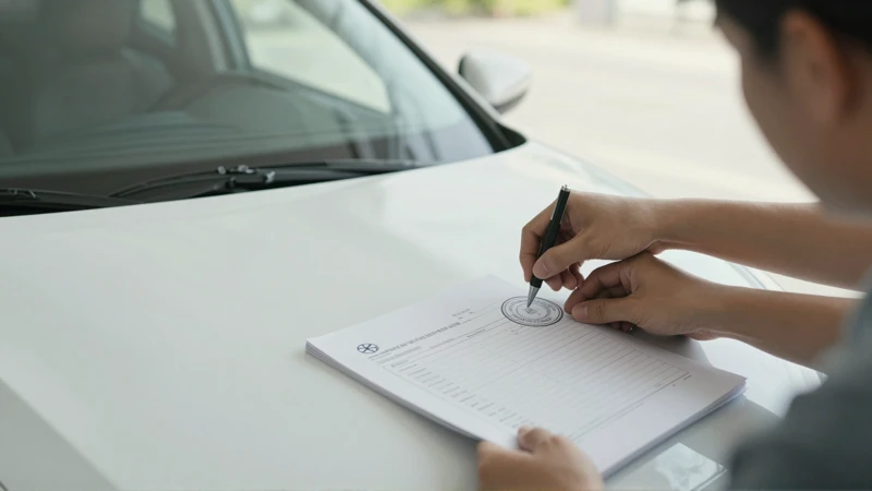 Inspección de coche con papeles y luz brillante