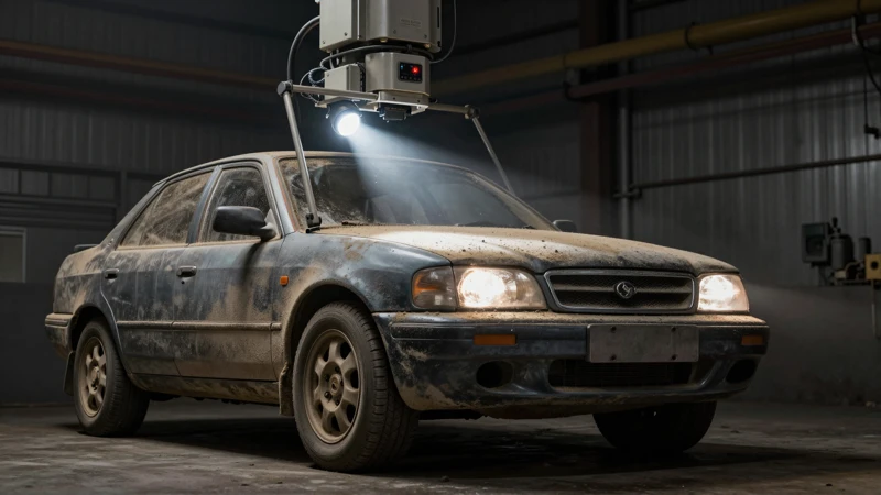 Carro empolvado iluminado con foco en ambiente industrial