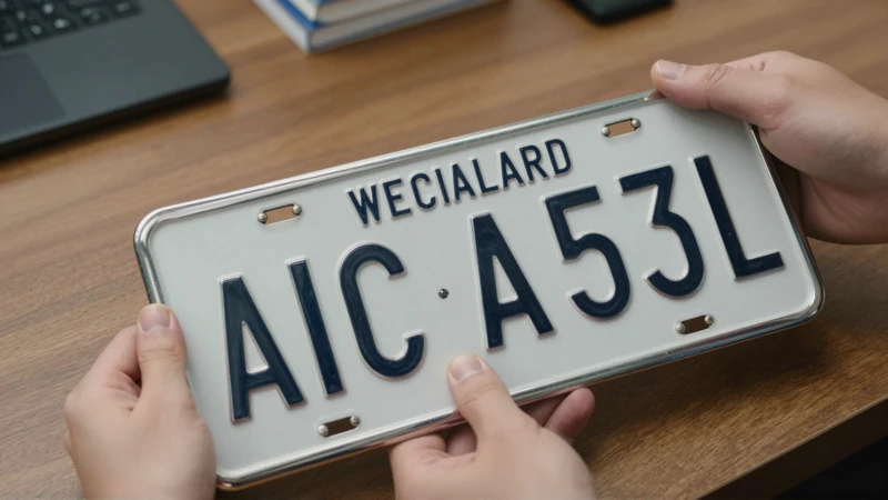 Placas metálicas en un escritorio de madera