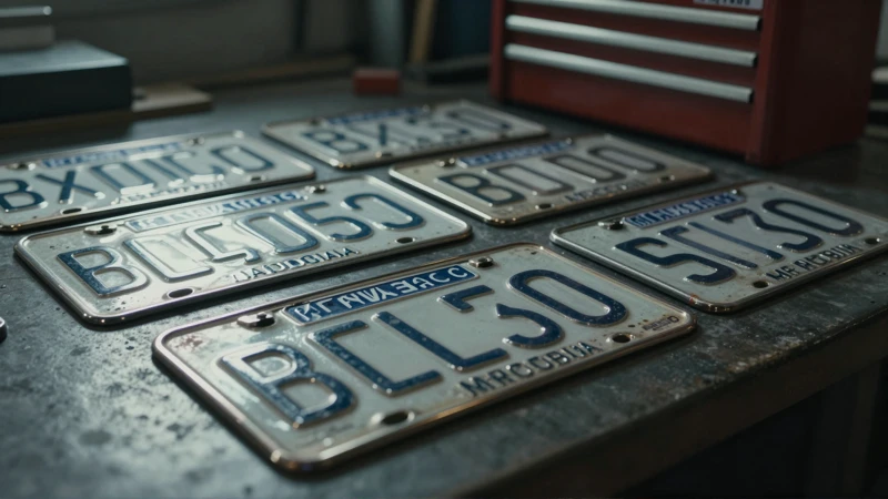 Placas metálicas en taller, luz dramática y fondo industrial
