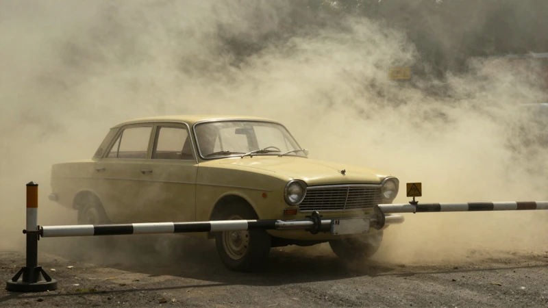 Auto antiguo contaminante bajo smog en checkpoint