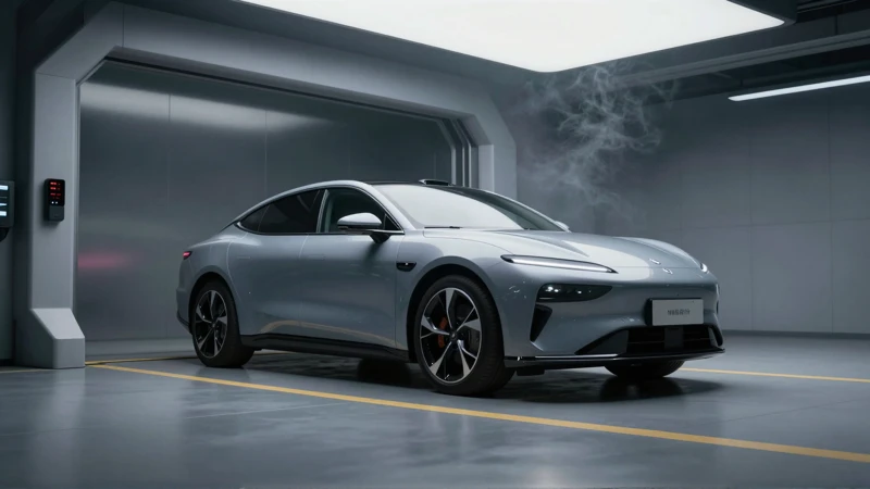 Coche futurista en bahía de pruebas con luz dramática