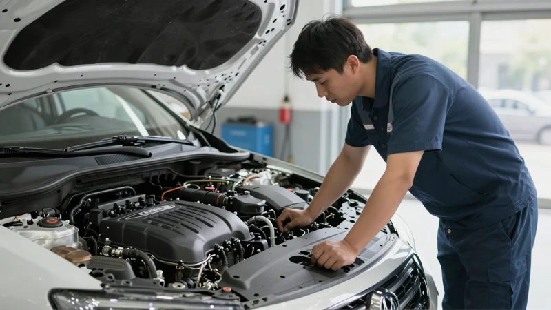Mecánico examina motor en garage moderno y limpio